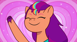 Size: 3300x1834 | Tagged: safe, imported from derpibooru, screencap, sunny starscout, earth pony, pony, spoiler:g5, spoiler:my little pony: tell your tale, spoiler:tyts01e47, abstract background, eyes closed, female, g5, heart, heart background, mane stripe sunny, mare, my little pony: tell your tale, raised hoof, smiling, solo, sparkles, sunny's smoothie moves