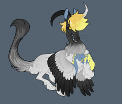 Size: 1024x867 | Tagged: safe, artist:loryska, imported from derpibooru, oc, draconequus, gray background, interspecies offspring, offspring, parent:derpy hooves, parent:discord, simple background, solo