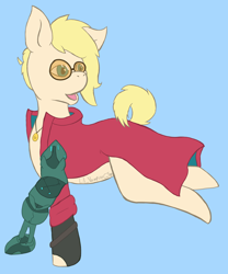 Size: 2356x2834 | Tagged: safe, artist:lil_vampirecj, imported from derpibooru, earth pony, pony, amputee, anime, blue background, colored, cyan background, feral, flat colors, outline, ponified, prosthetic leg, prosthetic limb, prosthetics, simple background, solo, trigun