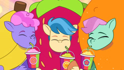 Size: 3072x1727 | Tagged: safe, imported from derpibooru, screencap, earth pony, pony, spoiler:g5, spoiler:my little pony: tell your tale, spoiler:tyts01e47, banana, banana costume, clothes, costume, drink, drinking, eyes closed, female, food, food costume, fruit, fruit costume, g5, male, mare, minty skylark, my little pony: tell your tale, orange, orange costume, smoothie, stallion, strawberry costume, strawbery, sugarpuff lilac, sunny's smoothie moves, trio, unnamed character, unnamed pony