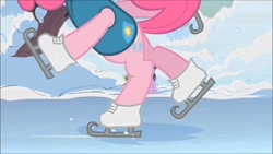 Size: 1280x720 | Tagged: safe, imported from derpibooru, screencap, pinkie pie, spike, twilight sparkle, dragon, earth pony, pony, unicorn, winter wrap up, balloonbutt, butt, female, ice skates, ice skating, male, mare, plot, skates, solo focus, trio, unicorn twilight