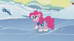 Size: 1920x1080 | Tagged: safe, imported from derpibooru, screencap, pinkie pie, earth pony, pony, winter wrap up, female, ice skates, ice skating, mare, open mouth, skates, solo, winter wrap up vest