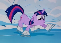 Size: 2048x1444 | Tagged: safe, imported from derpibooru, screencap, twilight sparkle, pony, unicorn, winter wrap up, cropped, faic, female, floppy ears, frown, ice skates, low quality, mare, skates, slipping, solo, unicorn twilight