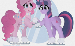 Size: 1590x986 | Tagged: dead source, safe, artist:strawberry_sean, imported from derpibooru, pinkie pie, twilight sparkle, pony, clothes, duo, female, ice skates, lesbian, scarf, shipping, skates, striped scarf, twinkie