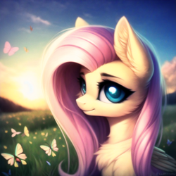 Size: 1280x1280 | Tagged: safe, imported from derpibooru, fluttershy, butterfly, pegasus, pony, ai content, ai generated, bust, chest fluff, cute, ear fluff, female, generator:novelai, generator:stable diffusion, grass, looking at you, mare, portrait, prompter:endless--, sitting, smiling, smiling at you, solo, sunset, wings