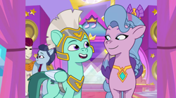 Size: 3300x1829 | Tagged: safe, imported from derpibooru, screencap, queen haven, earth pony, pegasus, pony, spoiler:g5, spoiler:my little pony: tell your tale, spoiler:tyts01e47, alternate hairstyle, armor, crown, female, g5, jewelry, male, mare, my little pony: tell your tale, pegasus royal guard, regalia, rocky riff, royal guard, stallion, sunny's smoothie moves, thunder flap