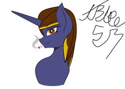 Size: 1760x1250 | Tagged: safe, artist:thebluee53, edit, imported from derpibooru, oc, oc only, oc:wrenchit twilight, pony, unicorn, base, base used, bust, cigarette, female, horn, simple background, smoking, solo, transparent background, unicorn oc