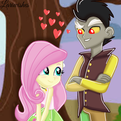 Size: 1000x1000 | Tagged: safe, artist:mlplary6, imported from derpibooru, discord, fluttershy, human, equestria girls, base used, blushing, discoshy, equestria girls-ified, female, heart, looking at each other, looking at someone, love, male, shipping, signature, smiling, smiling at each other, story included, straight, tree, younger