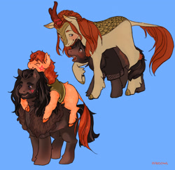 Size: 2048x1986 | Tagged: safe, artist:innoowl, imported from derpibooru, autumn blaze, oc, earth pony, kirin, pony, bilbo baggins, blue background, cloven hooves, crossover, crossover shipping, duo, gay, kirin-ified, kirins riding ponies, lord of the rings, male, ponies riding ponies, ponified, riding, riding a pony, shipping, simple background, species swap, thorin oakenshield