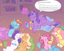 Size: 1280x1024 | Tagged: safe, artist:mokeonn, imported from derpibooru, applejack, fluttershy, pinkie pie, rainbow dash, rarity, twilight sparkle, alicorn, earth pony, pegasus, pony, unicorn, cellphone, cute, daaaaaaaaaaaw, dashabetes, diapinkes, female, glasses, glowing, glowing horn, golden oaks library, horn, implied lesbian, implied rarijack, implied shipping, jackabetes, magic, mane six, mare, phone, raribetes, shyabetes, sleeping bag, sleepover, telekinesis, twiabetes, twilight sparkle (alicorn), wikipedia