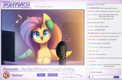 Size: 2300x1500 | Tagged: safe, artist:miryelis, imported from derpibooru, fluttershy, pegasus, pony, button, comments, cute, female, heart, livestream, long hair, mare, microphone, music notes, ponified, rammstein, shyabetes, signature, smiling, solo, text, twitch