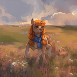 Size: 1920x1920 | Tagged: safe, artist:yasu, imported from derpibooru, oc, oc only, unicorn, clothes, grass, grass field, meadow, scarf