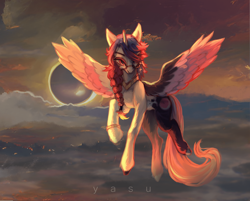 Size: 1920x1544 | Tagged: safe, artist:yasu, imported from derpibooru, oc, oc only, alicorn, pony, braid, eclipse, flying, fog, glasses, jewelry, necklace, solar eclipse, solo