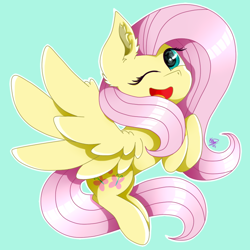 Size: 800x800 | Tagged: safe, artist:kathepart, imported from derpibooru, fluttershy, pegasus, pony, cute, looking at you, one eye closed, open mouth, open smile, shyabetes, simple background, smiling, solo, spread wings, teal background, wings, wink, winking at you