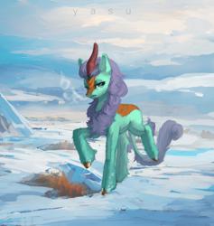 Size: 1920x2027 | Tagged: safe, artist:yasu, imported from derpibooru, oc, oc only, oc:searing cold, kirin, breath, cloud, cloudy, cloven hooves, cold, fluffy, ice, kirin oc, lidded eyes, male, mountain, raised hoof, snow, stallion, unamused, visible breath, watermark