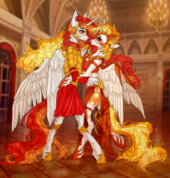 Size: 2100x2200 | Tagged: artist needed, source needed, safe, imported from derpibooru, daybreaker, nightmare star, princess celestia, oc, oc:king phoenix, alicorn, anthro, alicorn oc, armor, armor skirt, candle, canon x oc, castle, clothes, dancing, dress, duo, female, hall, hooves, horn, hug, legs, light, looking at each other, looking at someone, love, male, skirt, straight, waltz, window, wings