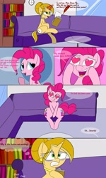 Size: 3000x5000 | Tagged: safe, artist:bestponies, imported from derpibooru, pinkie pie, oc, oc:double time, earth pony, pony, unicorn, book, bookshelf, clock, comic, couch, cutie mark theft, dialogue, glasses, glimmer prey, heart, heart eyes, horn, imminent vore, implied berry punch, implied nurse redheart, implied starlight glimmer, implied vore, magic, multiple cutie marks, open mouth, pinkie pred, scared, sitting, unicorn oc, window, wingding eyes
