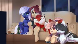 Size: 1920x1080 | Tagged: safe, artist:joaothejohn, imported from derpibooru, oc, oc only, oc:boggy, oc:isadora inkwell, oc:ocean dream, oc:straw, oc:sweet velvet, bat pony, earth pony, pegasus, pony, alcohol, apple cider, bat pony oc, controller, couch, living room, night, pegasus oc, sleeping, text, video game, wine, wings