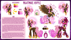Size: 1612x900 | Tagged: safe, artist:jennieoo, imported from derpibooru, oc, oc:nightmare hopple, alicorn, pony, angry, bio, cutie mark, dark magic, evil laugh, fangs, glowing, glowing eyes, glowing horn, horn, laughing, lightning, magic, oc villain, reference, reference sheet, show accurate, smiling, smirk, solo, thinking