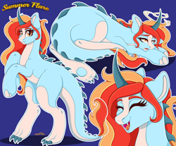 Size: 5000x4148 | Tagged: safe, artist:mailner, imported from derpibooru, oc, oc only, oc:summer flare, dinosaur, unicorn, commission, dinopony, faint, fangs, looking at you, simple background, smiling, solo, species swap