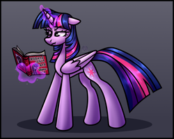 Size: 3500x2800 | Tagged: safe, artist:sadfloorlamp, imported from derpibooru, twilight sparkle, alicorn, pony, book, colored, colored wings, concentrating, cute, eyelashes, female, focused, folded wings, glowing, glowing horn, gray background, grumpy, high res, horn, lightly watermarked, long tail, magic, magic aura, mare, reading, simple background, slim, solo, standing, striped mane, striped tail, tail, tall, telekinesis, thin, twilight sparkle (alicorn), two toned wings, wall of tags, watermark, wings