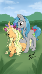 Size: 720x1280 | Tagged: safe, artist:elisdoominika, derpibooru exclusive, imported from derpibooru, oc, oc only, oc:amber clementine, oc:sweet elis, earth pony, pony, unicorn, digital art, duo, earth pony oc, floral head wreath, flower, flower in hair, freckles, horn, nature, outdoors, peace symbol, ribbon, smiling, unicorn oc