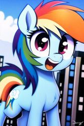 Size: 1152x1728 | Tagged: safe, imported from derpibooru, rainbow dash, pegasus, pony, ai content, ai generated, cute, dashabetes, female, generator:novelai, generator:stable diffusion, looking at you, mare, open mouth, open smile, prompter:endless--, smiling, solo, standing, tail