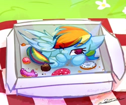 Size: 2893x2421 | Tagged: safe, artist:slightningdash, imported from derpibooru, rainbow dash, pegasus, pony, box, crumbs, curled up, donut, female, flower, food, grass, mare, one eye closed, picnic, picnic blanket, pony in a box, sleepy, smoldash, solo