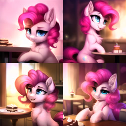 Size: 2560x2560 | Tagged: safe, imported from derpibooru, pinkie pie, earth pony, pony, ai content, ai generated, cake, chest fluff, cookie, cute, diapinkes, ear fluff, female, fluffy, food, generator:novelai, generator:stable diffusion, high res, kitchen, looking at you, mare, open mouth, open smile, prompter:endless--, sitting, smiling, solo