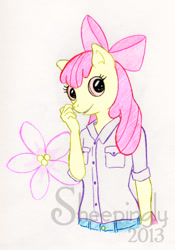 Size: 596x853 | Tagged: safe, artist:sheepingly, imported from derpibooru, apple bloom, anthro, earth pony, clothes, shirt, solo, traditional art