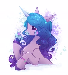 Size: 1870x2048 | Tagged: safe, artist:qwennondeathdie, imported from derpibooru, izzy moonbow, pony, unicorn, bracelet, cupcake, eating, female, food, friendship bracelet, g5, jewelry, mare, simple background, solo, unshorn fetlocks, white background