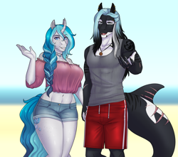 Size: 3733x3300 | Tagged: source needed, safe, artist:askbubblelee, imported from derpibooru, oc, oc only, oc:bubble lee, oc:mako, anthro, digitigrade anthro, orca, orca pony, original species, unicorn, anthro oc, beach, belly button, big breasts, breasts, clothes, countershading, couple, digital art, duo, ear piercing, fangs, female, freckles, holding hands, horn, looking at you, makolee, male, mare, oc x oc, off shoulder, piercing, reaching, scar, shipping, shirt, shorts, smiling, stallion, straight, swimming trunks, swimsuit, unicorn oc, water