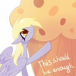 Size: 2048x2048 | Tagged: safe, artist:qwennondeathdie, imported from derpibooru, derpy hooves, pegasus, pony, female, food, giant food, giant muffin, high res, imminent stuffing, looking at something, looking up, mare, muffin, partially open wings, signature, simple background, smiling, solo, that pony sure does love muffins, white background, wings