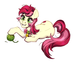 Size: 1773x1486 | Tagged: safe, artist:joowik, imported from derpibooru, roseluck, pony, behaving like a cat, butt, collar, commission, commissioner:doom9454, cute, lying down, pet tag, plot, pony pet, rosepet, simple background, solo, white background, yarn, yarn ball