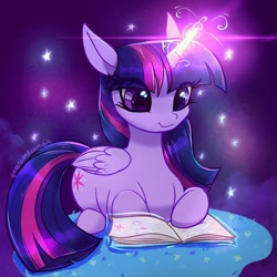 Size: 1884x1884 | Tagged: safe, artist:qwennondeathdie, imported from derpibooru, twilight sparkle, alicorn, pony, book, female, folded wings, glowing, glowing horn, horn, magic, magic aura, mare, reading, sitting, solo, twilight sparkle (alicorn), wings