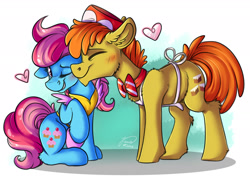 Size: 1920x1358 | Tagged: safe, artist:julunis14, imported from derpibooru, carrot cake, cup cake, earth pony, pony, apron, blushing, carrot cup, clothes, cute, duo, eyes closed, female, heart, male, mare, married couple, one eye closed, raised hoof, shipping, simple background, sitting, snuggling, stallion, straight, white background