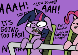 Size: 2048x1448 | Tagged: safe, artist:ewoudcponies, imported from derpibooru, pinkie pie, twilight sparkle, alicorn, earth pony, pony, duo, female, floppy ears, purple background, roller coaster, simple background, twilight sparkle (alicorn)