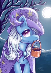 Size: 2480x3508 | Tagged: safe, artist:mrartly34, imported from derpibooru, trixie, pony, unicorn, female, halloween, holiday, moon, mouth hold, solo