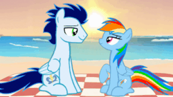 Size: 1920x1080 | Tagged: safe, artist:mlplary6, imported from derpibooru, rainbow dash, soarin', pegasus, pony, animated, beach, female, gif, heart, looking at each other, looking at someone, love, male, mare, picnic blanket, shipping, smiling, smiling at each other, soarindash, stallion, straight, sun, sunset, windswept mane