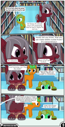 Size: 1519x2942 | Tagged: safe, artist:mrkm, imported from derpibooru, oc, oc:caramel star(mrkm), oc:cherry night, oc:hard sprocket, bat pony, unicorn, comic:synthesis, bat pony oc, book, colt, comic, crystal empire, dialogue, ear fluff, eeee, fangs, female, foal, hooves on the table, horn, library, male, mare, mouth hold, offscreen character, pov, speech bubble, stairs, stallion, unicorn oc, unshorn fetlocks, wings