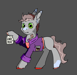 Size: 894x873 | Tagged: safe, artist:hrabiadeblacksky, imported from derpibooru, oc, oc only, pony, undead, vampire, vampony, brown hair, clothes, gray fur, green eyes, jacket, male, solo, stallion