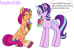 Size: 2712x1803 | Tagged: safe, artist:hayley566, imported from derpibooru, starlight glimmer, sunny starscout, earth pony, pony, unicorn, cup, drinking, drinking straw, duo, eyes closed, female, g5, glowing, glowing horn, horn, implied stellar flare, magic, mare, markings, simple background, sitting, smoothie, telekinesis, transparent background, unshorn fetlocks