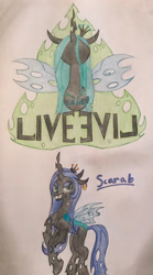 Size: 1824x3286 | Tagged: safe, artist:gracefulart693, imported from derpibooru, queen chrysalis, oc, changeling queen, bust, changeling queen oc, duo, female, grin, parent:queen chrysalis, smiling, spread wings, traditional art, wings