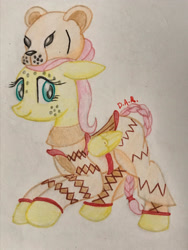 Size: 2121x2828 | Tagged: safe, artist:gracefulart693, imported from derpibooru, fluttershy, big cat, lion, pegasus, pony, clothes, costume, eyelashes, female, mare, solo, traditional art