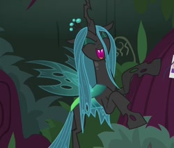 Size: 846x720 | Tagged: safe, imported from derpibooru, screencap, queen chrysalis, changeling, changeling queen, the mean 6, cropped, cute, cutealis, laughing, raised hoof, solo