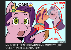 Size: 4132x2919 | Tagged: safe, artist:daisy_marshmallow, derpibooru exclusive, imported from derpibooru, pipp petals, queen haven, sunny starscout, earth pony, pegasus, pony, blushing, clickbait, colored sketch, fake thumbnail, female, g5, kissing, lesbian, looking at you, meme, poggers, shipping, sketch, sunnyhaven, text, trio, trio female, youtube, youtube thumbnail