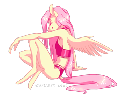 Size: 918x687 | Tagged: safe, artist:vautaryt, imported from derpibooru, part of a set, fluttershy, anthro, pegasus, unguligrade anthro, breasts, eyes closed, female, mare, sideboob, simple background, solo, transparent background