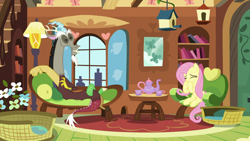 Size: 1920x1080 | Tagged: safe, imported from derpibooru, screencap, discord, fluttershy, draconequus, pegasus, pony, make new friends but keep discord, bird house, couch, cup, female, fluttershy's cottage, grin, laughing, male, mare, mouse hole, pillow, sitting, smiling, teacup, teapot