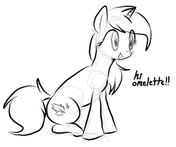 Size: 956x800 | Tagged: safe, artist:yidwags, oc, oc only, oc:herbal remedy, pony, unicorn, female, mare, monochrome, open mouth, open smile, sketch, solo, text