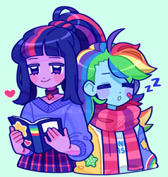 Size: 2048x2148 | Tagged: safe, artist:jademoona, imported from derpibooru, rainbow dash, twilight sparkle, human, bandaid, book, choker, clothes, duo, eyes closed, female, onomatopoeia, ponytail, scarf, sound effects, zzz